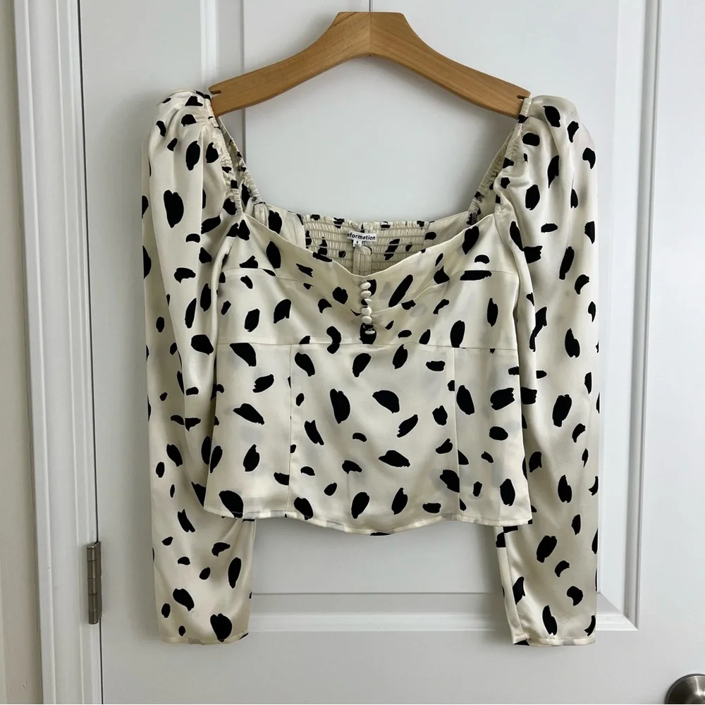 NWT Reformation Abigale Silk Puff Sleeve Square Neck Top in Cream/Ink Size 6